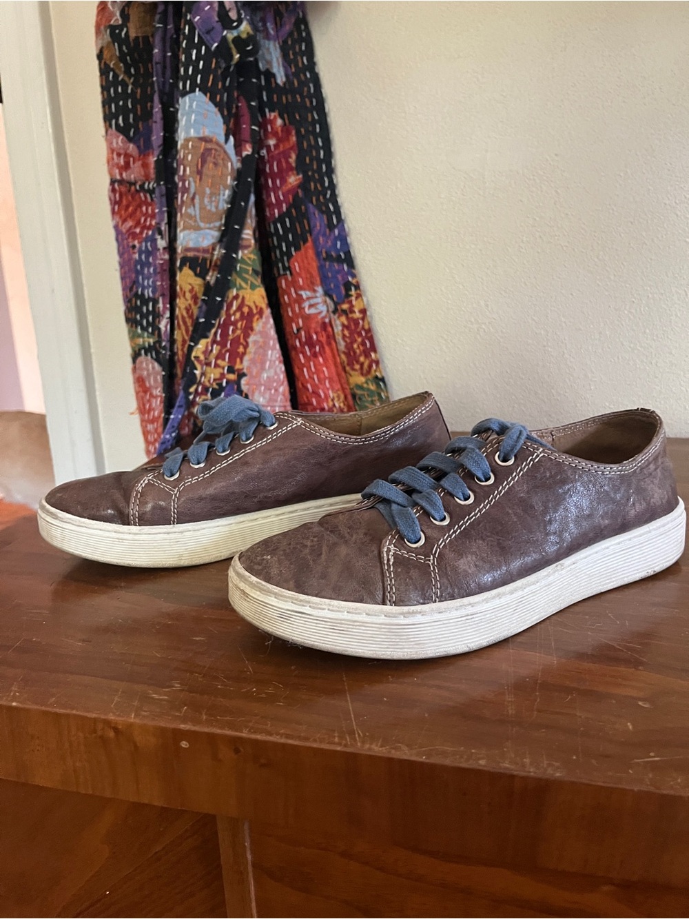 Sofft Women's Brown Leather Sneakers with Blue Laces